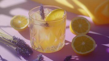 Refreshing lavender lemonade in a glass with lemon slices and lavender sprigs on a vibrant background photo