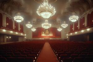 Elegant theater interior showcasing chandeliers and plush seating in a grand setting photo