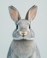 Cute gray rabbit with long ears posing against a plain background photo