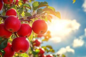 Fresh red apples hanging on a tree branch under a bright blue sky during sunny weather photo