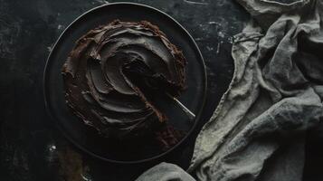 Rich chocolate cake decorated with creamy frosting on a rustic wooden table photo