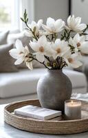 Elegant flower arrangement in a modern living room setting with cozy decor details photo