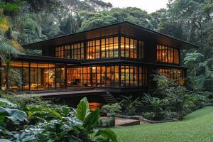 Modern architectural design of a forest retreat at dusk with abundant greenery surrounding photo