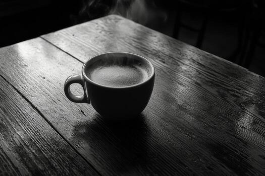 Warm cup of coffee emits steam in a dark setting with soft light highlighting the surface photo