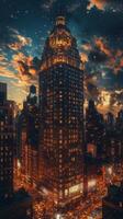 Historic building illuminated at night in a bustling city photo
