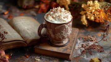 Warm coffee with whipped cream on a rustic book in a cozy autumn setting photo