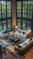 Cozy modern living room with large windows in a serene setting during golden hour photo