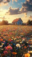 Beautiful blue house surrounded by vibrant wildflowers at sunset in a serene countryside photo
