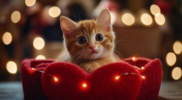 Cute orange kitten sitting in a heart-shaped bed surrounded by festive lights photo