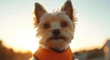 Adorable dog poses during sunset in a serene outdoor setting photo