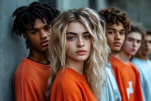 Group of diverse young people posing in urban setting during the day photo