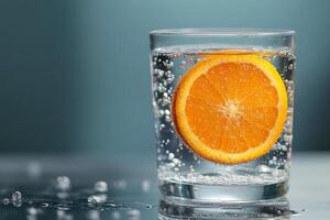 Refreshing citrus drink with orange slices in clear sparkling water on a reflective surface photo
