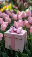 Gift box among blooming pink tulips in a vibrant garden setting during springtime photo
