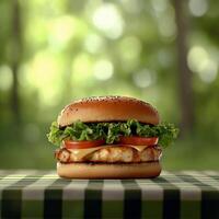 Grilled chicken sandwich with lettuce and tomato on checkered tablecloth in natural setting photo