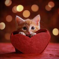 Cute orange kitten in a heart-shaped box with soft glowing lights during festive celebration photo