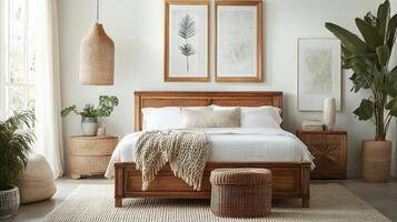 Cozy winter bedroom decorated with greenery and Christmas trees in a bright space photo
