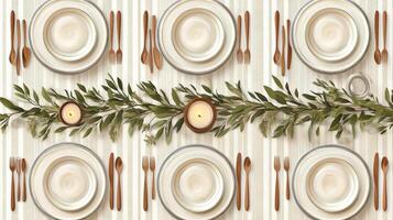 Elegant dining table setup for a special gathering with greenery and light accents photo
