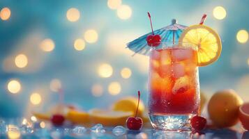 Refreshing cocktail with fruit garnish at sunset beach bar during a summer evening gathering photo