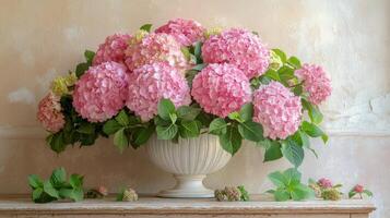 Beautiful pink hydrangeas in a decorative vase on a rustic wooden table by a bright window photo
