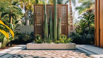 Beautiful garden with cacti and decorative wooden screens in urban setting during daylight photo