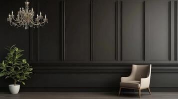 Elegant interior design featuring a vintage chair and a crystal chandelier in a dark room setting photo