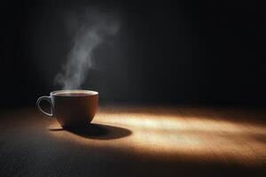 Warm cup of coffee emits steam in a dark setting with soft light highlighting the surface photo