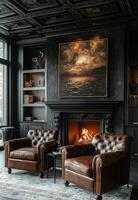 Elegant lounge with cozy fireplace and comfortable leather chairs in a dimly lit setting photo