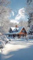 Snow-covered house surrounded by pristine winter landscape in early morning light photo