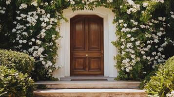 Charming entryway adorned with white flowers and lush greenery in a serene outdoor setting photo