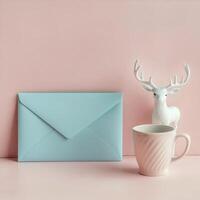 Colorful envelope, ceramic mug, and deer decoration on a pastel pink background photo