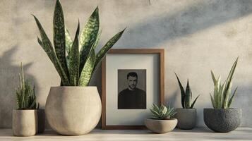 Indoor plants in natural light with framed picture on shelf in cozy room photo