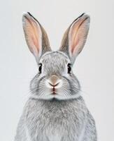 Cute gray rabbit with long ears posing against a plain background photo