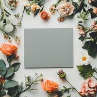 Beautiful arrangement of fresh flowers surrounding a blank card on a light background photo