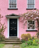 Charming pink house adorned with blooming magnolia and vibrant flowers in springtime photo