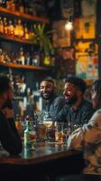 Friends enjoy drinks in vibrant bar during sunny afternoon gathering photo