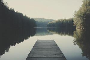 Tranquil wooden dock extending into calm lake surrounded by misty trees at dawn photo