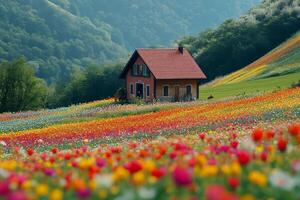 Colorful spring field with a charming house in a picturesque valley photo
