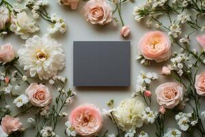 Delicate cherry blossoms and white flowers arranged in a circular frame on a soft blue background photo