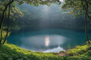 Tranquil lagoon surrounded by lush forest in early morning light photo