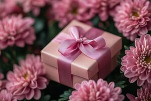 Beautiful gift box surrounded by pink flowers in a serene setting photo