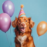 Happy dog celebrating a birthday with colorful balloons against a bright blue background photo