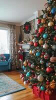 Cozy holiday living room with a decorated Christmas tree and festive decorations in a rustic setting photo