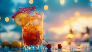 Refreshing cocktail with fruit garnish at sunset beach bar during a summer evening gathering photo