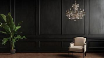 Elegant interior design featuring a vintage chair and a crystal chandelier in a dark room setting photo