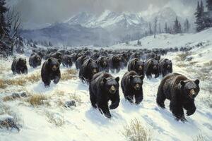 Herd of bears running through snowy forest in winter wilderness photo