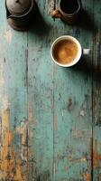 Coffee cup with brown liquid and coffee beans on wooden surface at cozy cafe photo