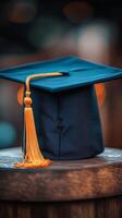 Graduation cap on wooden table with blurred background showcasing autumn colors photo