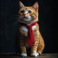 Cat dressed in a red tie poses elegantly against a dark background in a studio setting photo