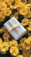 Gift wrapped in white resting on a bed of vibrant yellow flowers during daylight photo