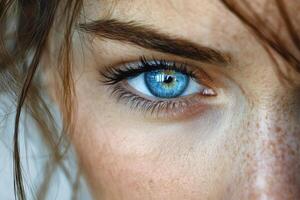 Captivating close-up of a young woman with striking blue eyes and freckles glowing under natural light photo